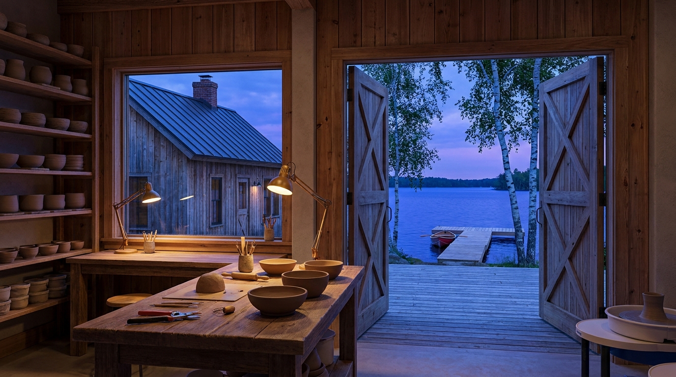 Lakeside Pottery Studio Workbench at Blue Hour (Looking Out to the Water)