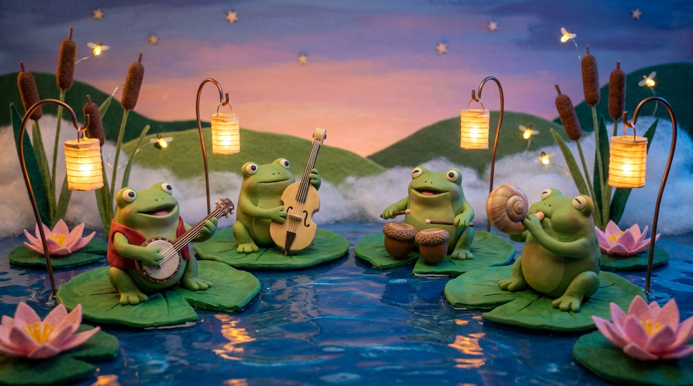 Claymation Diorama of a Frog Band Playing on Lily Pads at Dusk