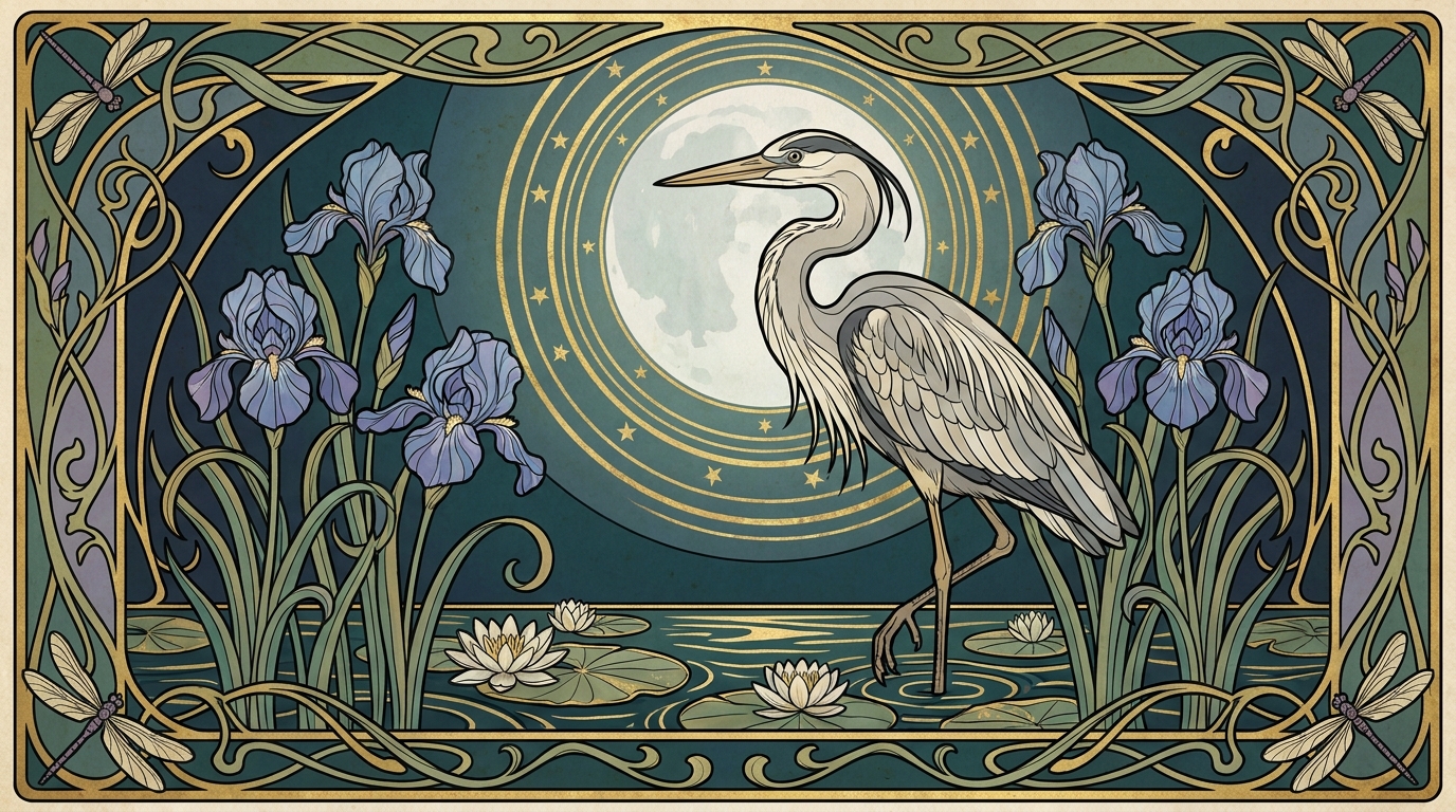 Art Nouveau Panel of a Grey Heron Among Blue Irises in a Moonlit Pond