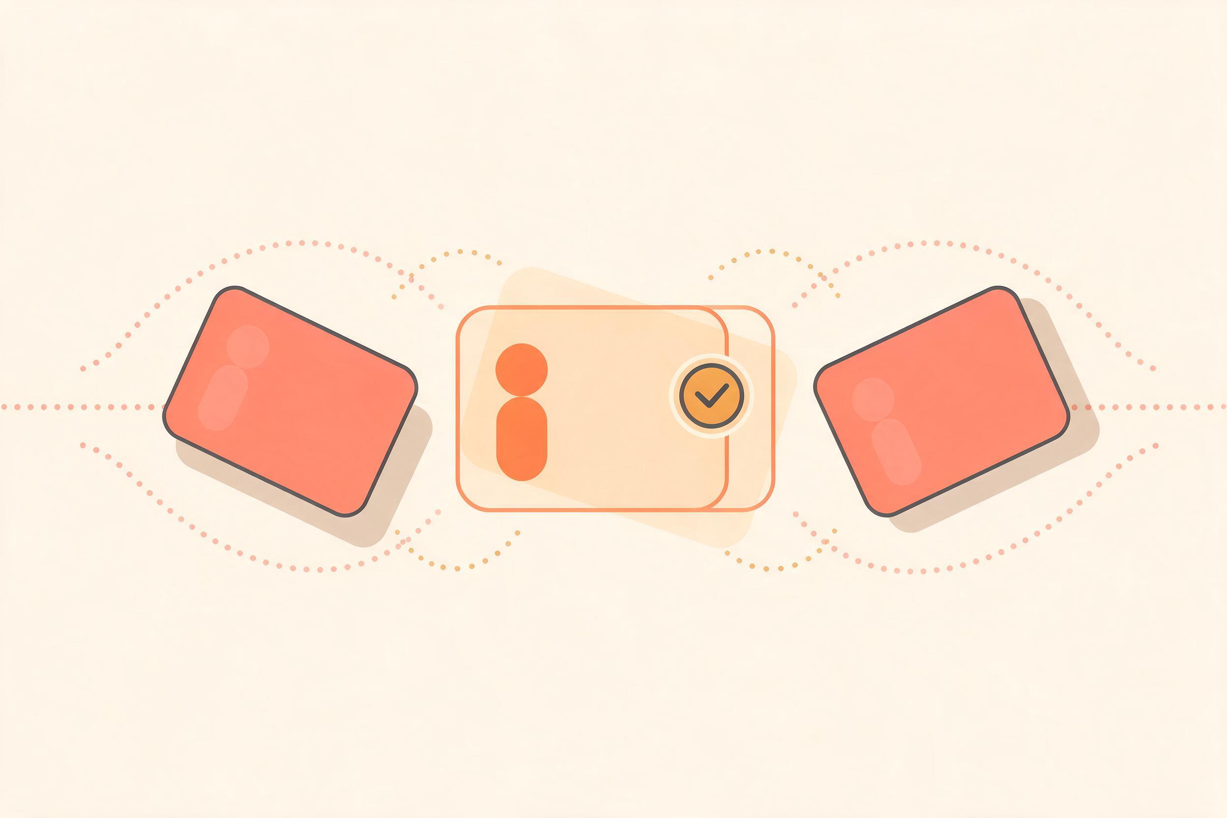 Two identical cards arriving from opposite sides and merging into one