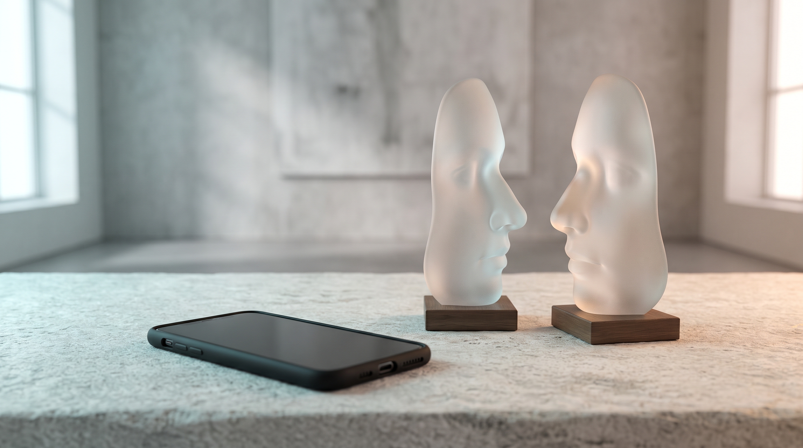 Conceptual AI visualization with facial profile sculptures