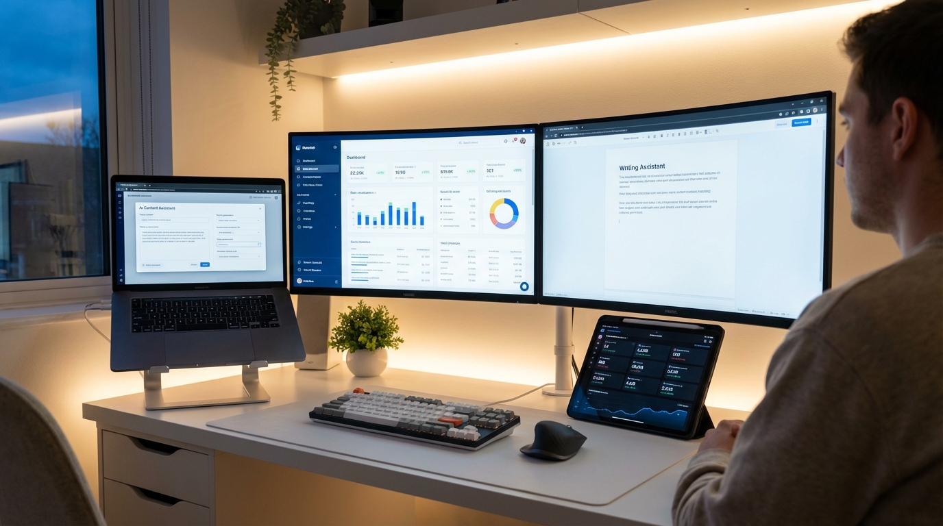 Modern content creator dashboard showing AI writing tools