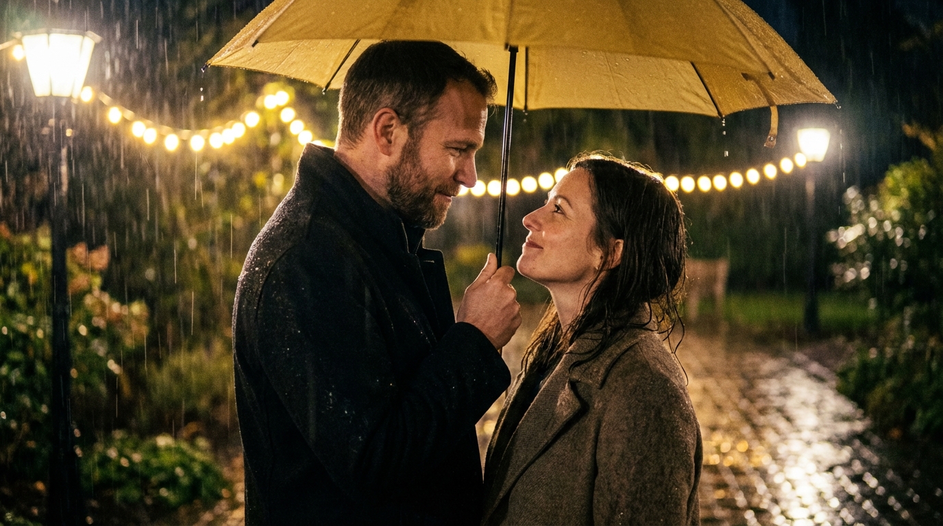 Ultra-Photorealistic Romantic Cinematic Scene in the Rain